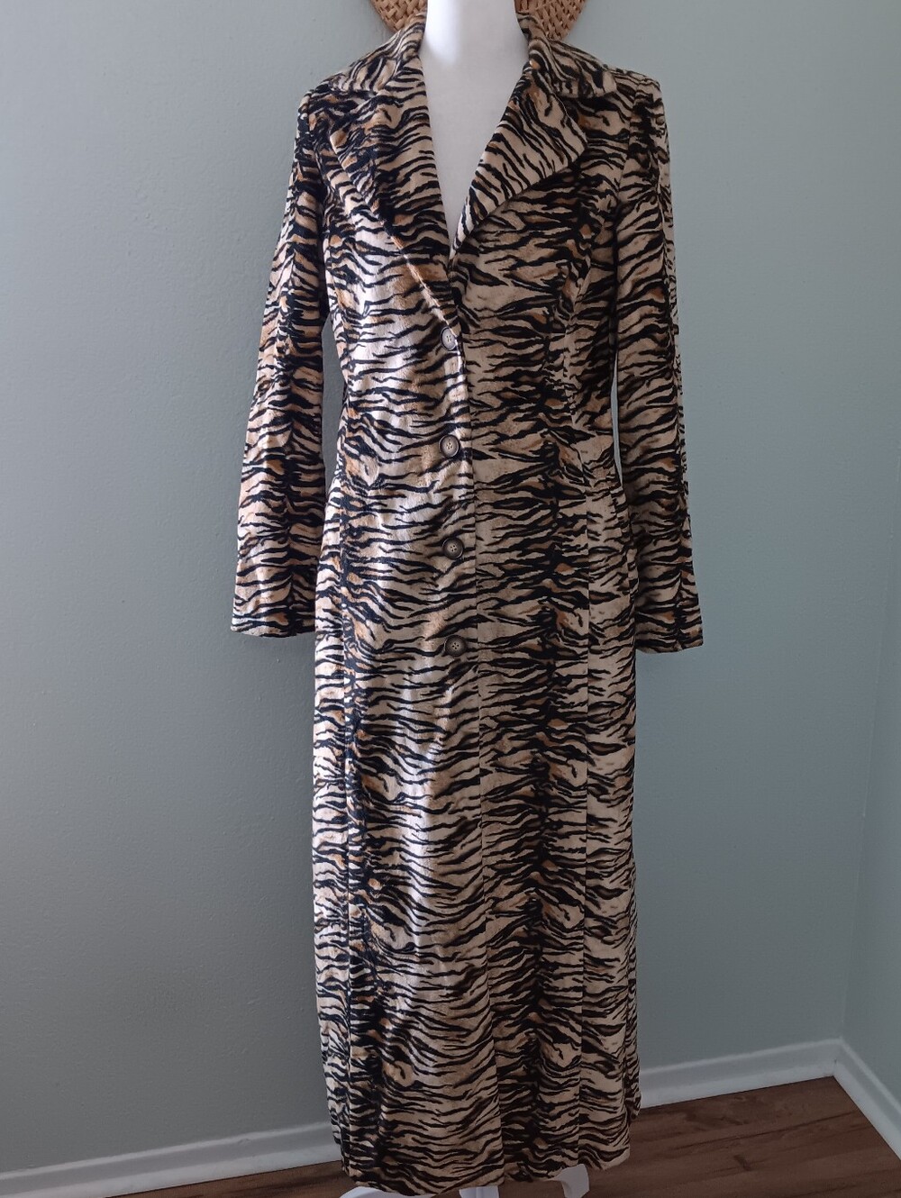 Forever 21 Beige & Black Tiger-Print Trench Coat Y2K Vtg 90s